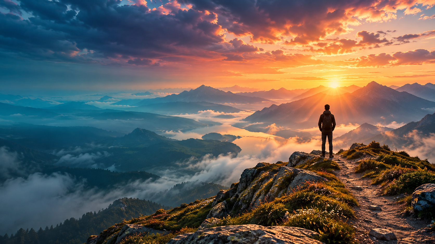 A person walking towards light at dawn